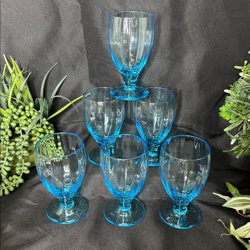 Neon Sky blue rippled glass water goblets set of 6